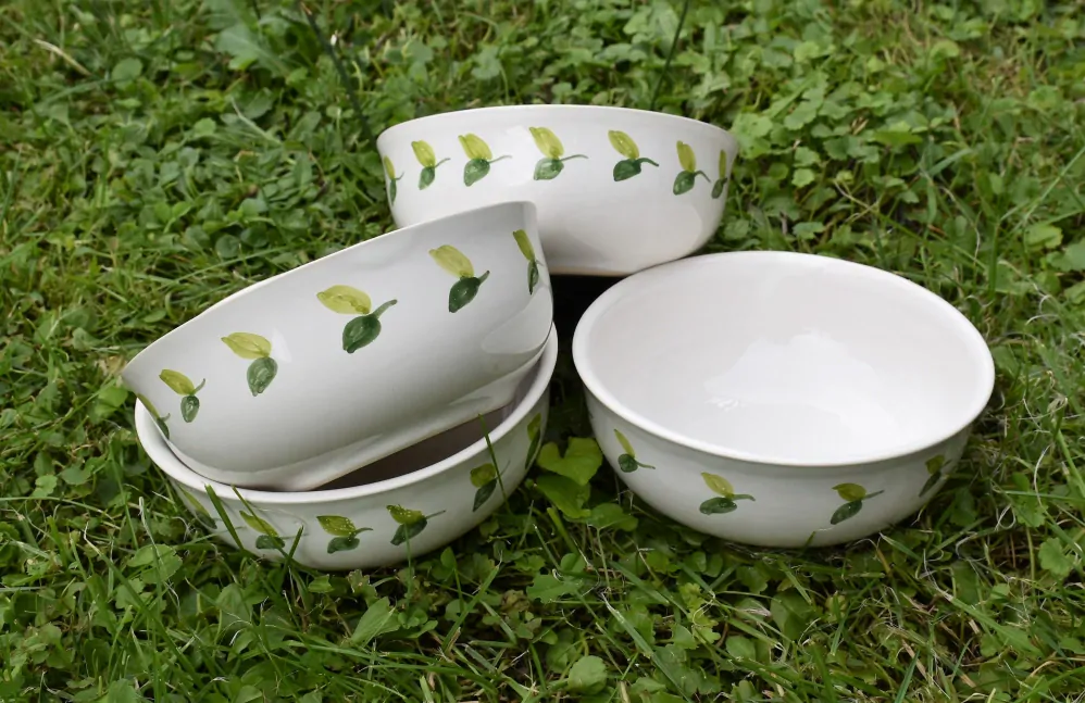Set keramického nádobí se zelenými lístky
