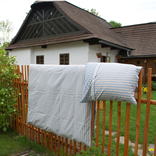 Ložní povlečení světle modré - kostky velké + pruhy velké + krajka